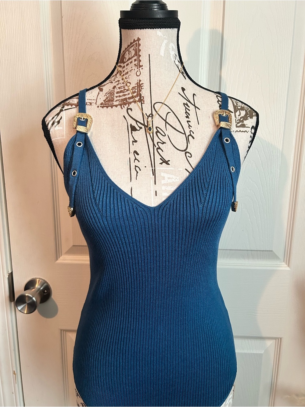 Ribbed V-Neck Bodysuit with Buckle Straps - Teal